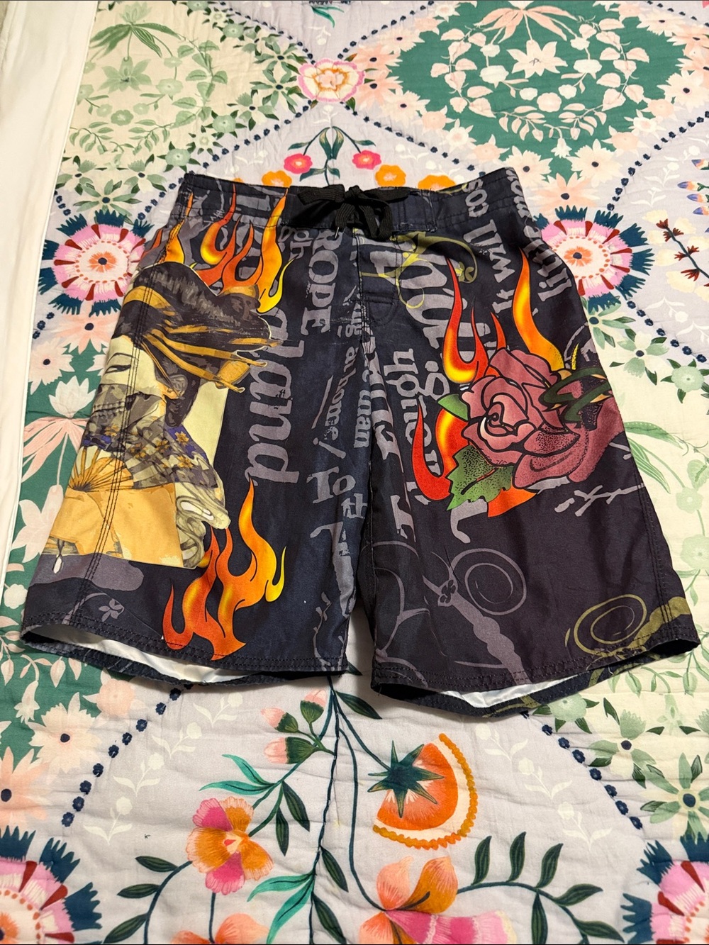 Men's Black Graphic Flame & Rose Swim Board Shorts